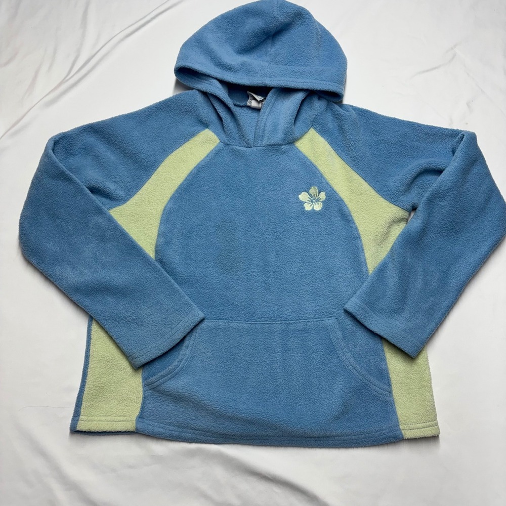 Old Navy Vintage Y2K Blue Lime Green Fleece Hibiscus Flower Hoodie XL 2004